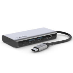 Belkin Connect USB-C 4-in-1 Multiport Adapter   USB-C Cable (13CM) - Space Grey(AVC006btSGY), 100W, 5 Gbps, 2xUSB-A, 1xUSB-C,