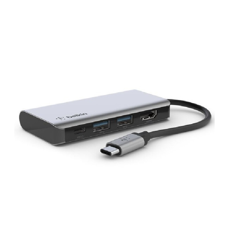 Belkin Connect USB-C 4-in-1 Multiport Adapter   USB-C Cable (13CM) - Space Grey(AVC006btSGY), 100W, 5 Gbps, 2xUSB-A, 1xUSB-C,