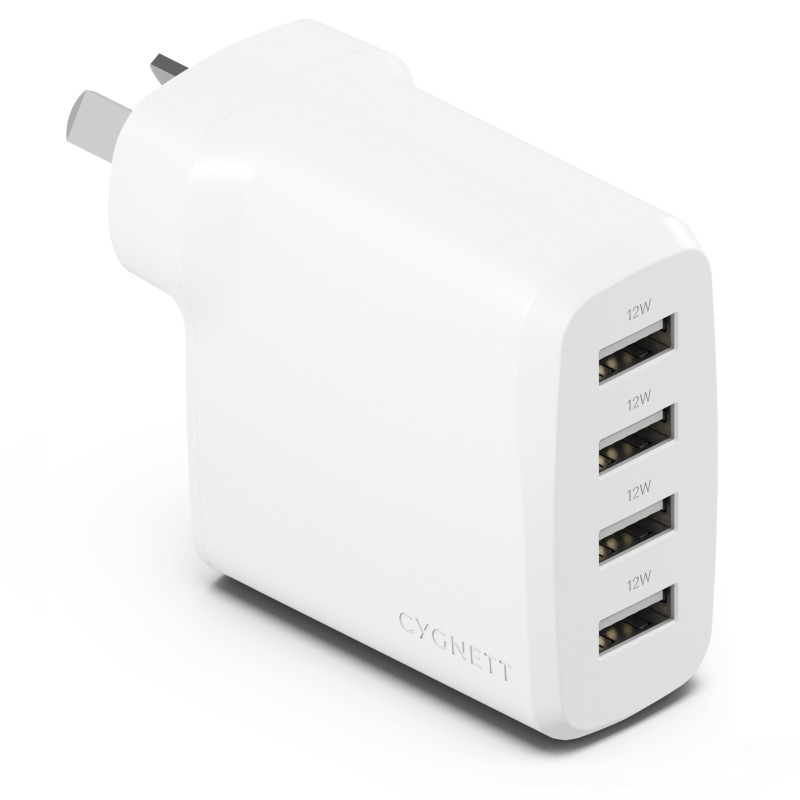 Cygnett PowerPlus 24W Multi Port USB-A Wall Charger - White(CY4768PDWCH) 4xUSB-A (12W),Compact,Lightweight,24W Max,2 Years Wa