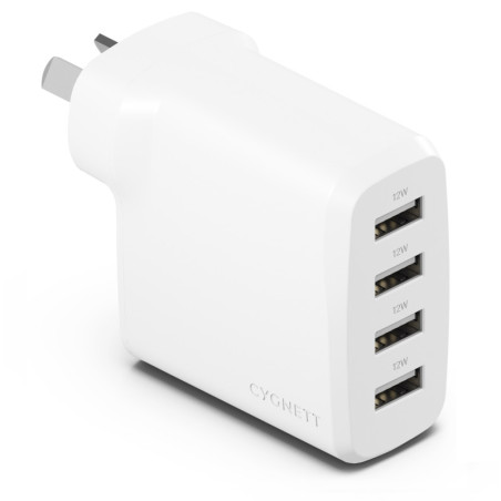 Cygnett PowerPlus 24W Multi Port USB-A Wall Charger - White(CY4768PDWCH) 4xUSB-A (12W),Compact,Lightweight,24W Max,2 Years Wa