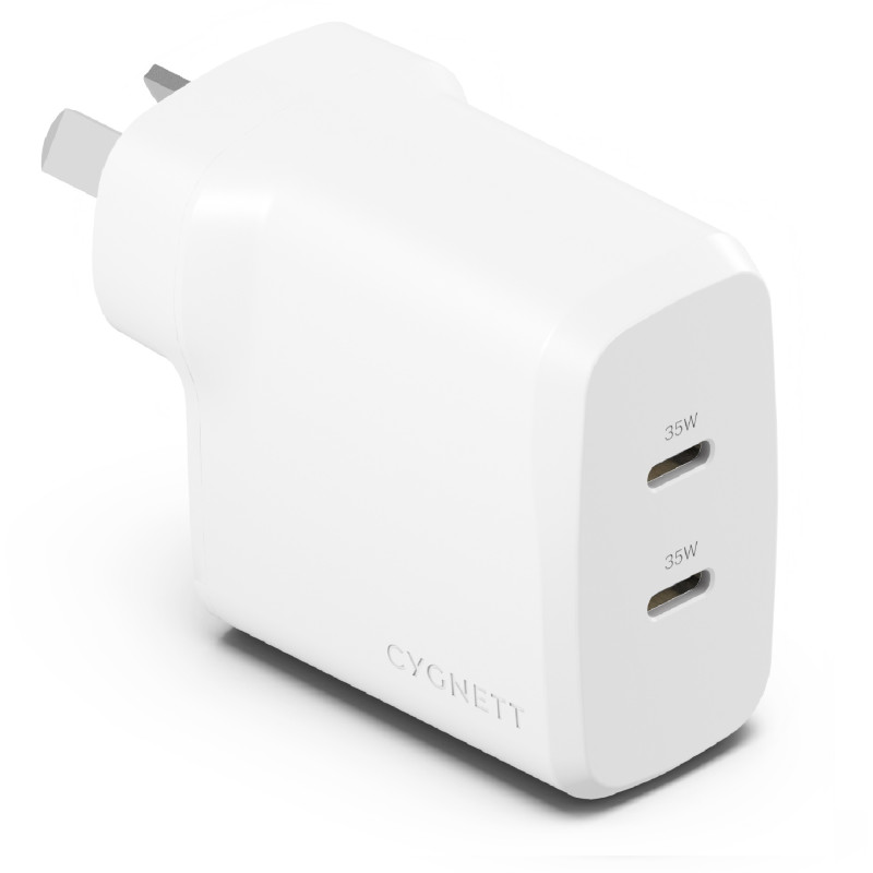 Cygnett PowerPlus 35W Dual Port USB-C PD Fast Wall Charger -White(CY4774PDWCH),2xUSB-C(35W), Best for iPhone,Samsung's PPS & 