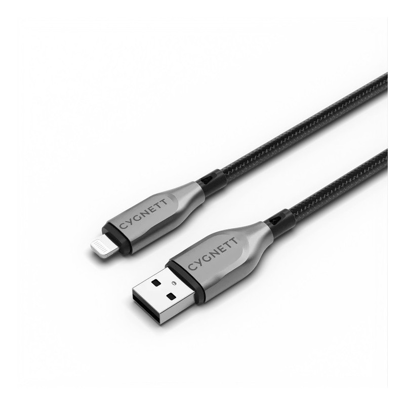 Cygnett Armoured Braided Lightning to USB-A (2.0) (0.5M) Cable - Black (CY4657PCCAL), 2.5A/12W, 480Mbps, Turbo Charge, Apple 