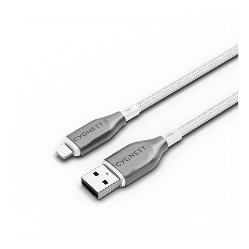 Cygnett Armoured Braided Lightning to USB-A (2.0) (1M) Cable - White (CY4659PCCAL), 2.5A/12W, 480Mbps, Turbo Charge, Apple iP