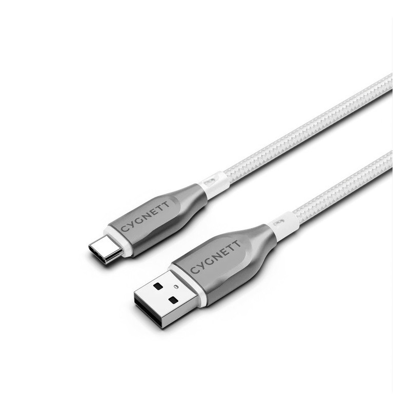 Cygnett Armoured Braided USB-C to USB-A (2.0) Cable (1M) - White (CY4682PCUSA), 3A/60W, 480Mbps, Turbo Charge, Best for Lapto