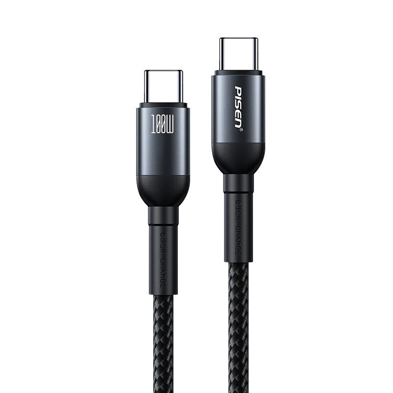 Pisen Braided USB-C to USB-C 100W PD Fast Charge Cable (1M) Black - Bend-Resistant, Samsung Galaxy,Apple iPhone,iPad,MacBook,