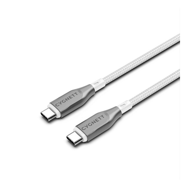 Cygnett Armoured Braided USB-C to USB-C (2.0) Cable (2M) - White (CY4677PCTYC), 5A/100W, 480Mbps, Turbo Charge, Best for Lapt
