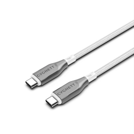 Cygnett Armoured Braided USB-C to USB-C (2.0) Cable (2M) - White (CY4677PCTYC), 5A/100W, 480Mbps, Turbo Charge, Best for Lapt