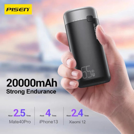 Pisen Pro 65W 20K (20000mAh) Laptop Power Bank (3 Port)   USB-C to USB-C Cable (50cm) - Black, 1x USB-C, 2x USB-A, Digital Di