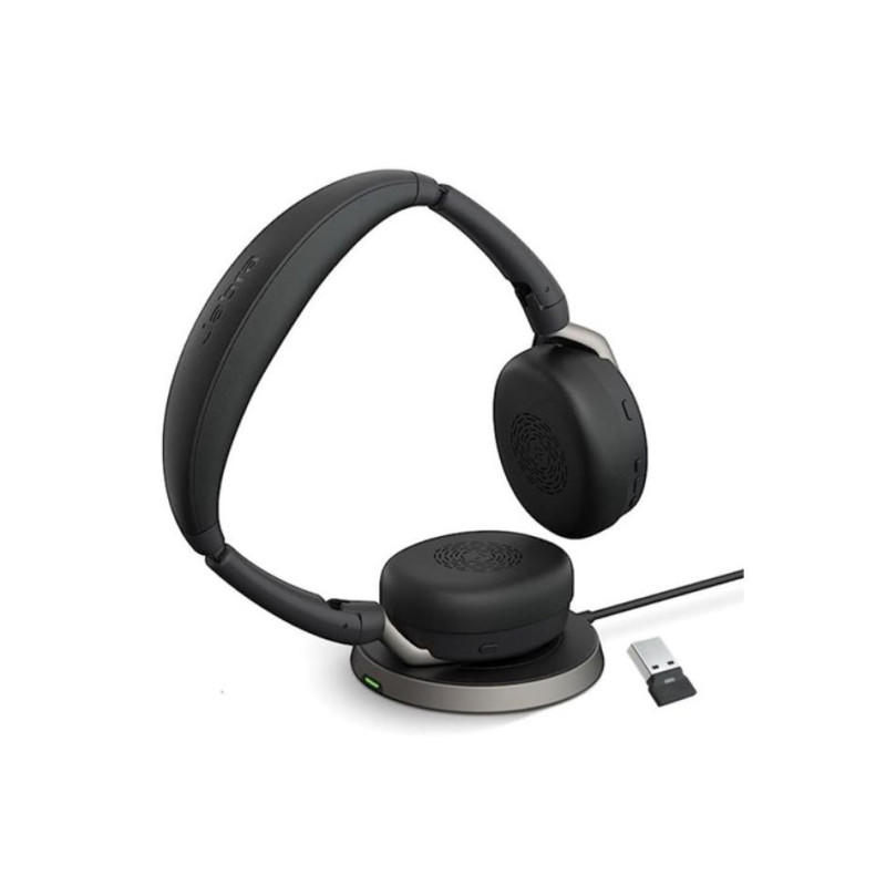 Jabra Evolve2 65 Flex MS Stereo Bluetooth Headset, Link380a USB-A Dongle & Wireless Charging Stand Foldable Design, 2Yr Warra