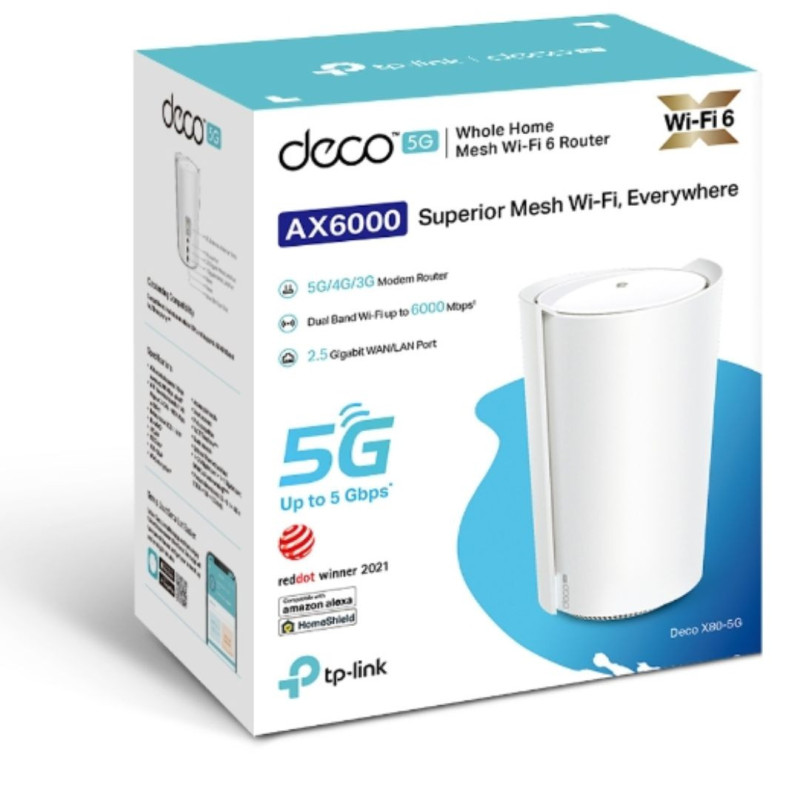 TP-Link Deco X80-5G(1-pack) 5G AX6000 Whole Home Wi-Fi 6 Gateway,  4804Mbps at 5 GHz   1148Mbps at 2.4 GHz, 5G 5Gbps/900Mbps,