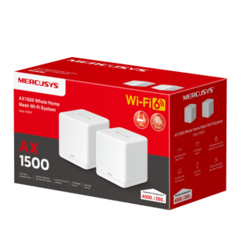 Mercusys Halo H60X(2-pack) AX1500 Whole Home Mesh Wi-Fi 6 System, 300 Mbps at 2.4 GHz , 1201 Mbps at 5 GHz, QoS, IPTV, IPv6, 