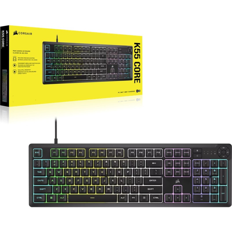 Corsair K55 CORE RGB Gaming Keyboard — Black, Extended layout, 12KRO, 6 macro keys, rubber dome switches, USB wired, iCUE s