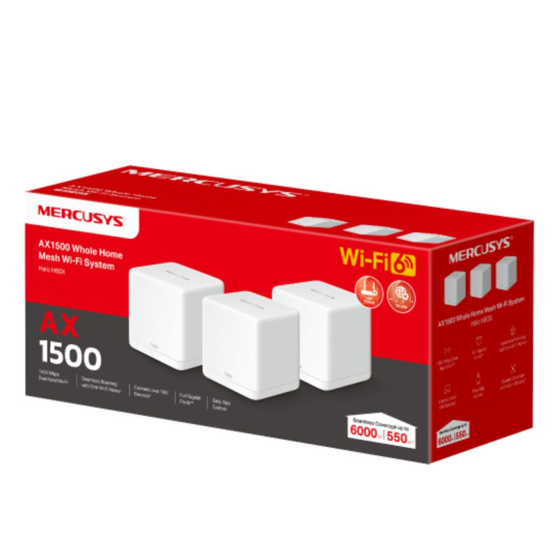 Mercusys Halo H60X(3-pack) AX1500 Whole Home Mesh Wi-Fi 6 System, 300 Mbps at 2.4 GHz   1201 Mbps at 5 GHz, QoS, IPTV, IPv6, 