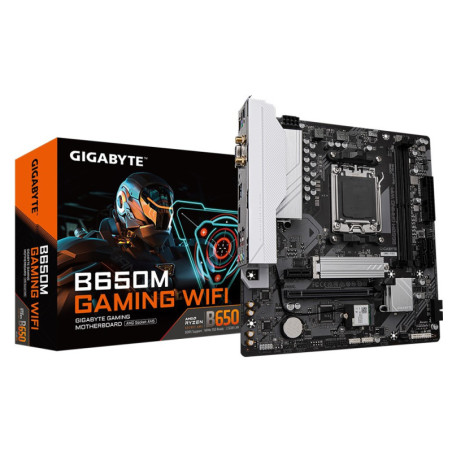 Gigabyte B650M GAMING WIFI, AMD AM5, 2 x DDR5 up to 128 GB, 1 x HDMI, 	1 x PCI Express x16, 1 x PCI Express x1, 1 x M.2, 4 x 