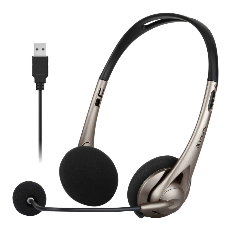 Verbatim Multimedia Headset with Boom Mic Headphone, Volume Control, USB 3.0 – Grey – School, Office, Business. Retail Pa