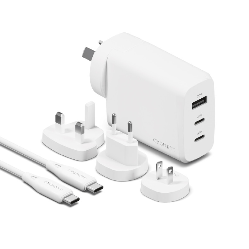 Cygnett Voyager 67W Multi-Port GaN Travel Wall Charger - White (CY4771PDWCH), 2x USB-C (67W), 1x USB-A (20W),1M USB-C to USB-
