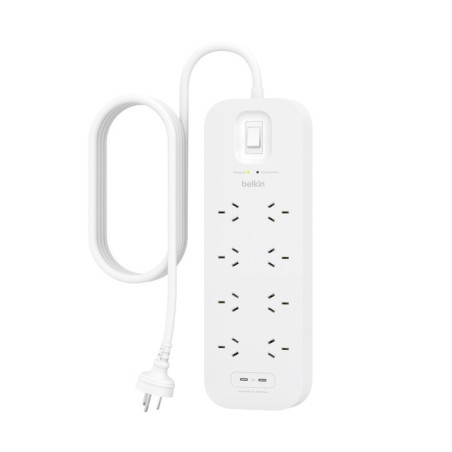 Belkin Connect 8-Outlet Surge Protector With Dual USB-C Ports - White (SRB004AU2M), 30W, 2M Cord, 900 Joules Protection, CEW 
