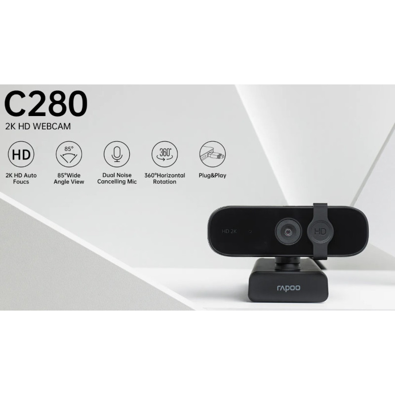 RAPOO C280 2K Webcam - Wide Angle Lens, Noise Canceling Mic, Plug & Play, Teams, Google Meet, Zoom, Does Not Support Windows 
