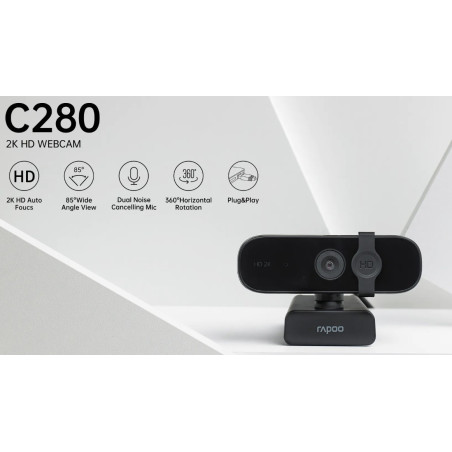 RAPOO C280 2K Webcam - Wide Angle Lens, Noise Canceling Mic, Plug & Play, Teams, Google Meet, Zoom, Does Not Support Windows 