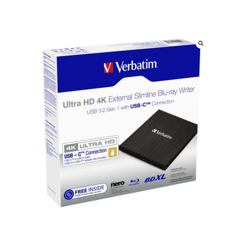 Verbatim External Slim Blue-ray Writer Ultra HD 4K Type-C Connection, USB 3.1 Gen1. Includes Nero Burning Software. Ultra Por