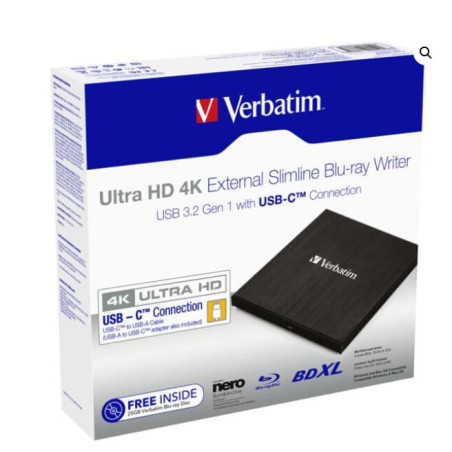 Verbatim External Slim Blue-ray Writer Ultra HD 4K Type-C Connection, USB 3.1 Gen1. Includes Nero Burning Software. Ultra Por