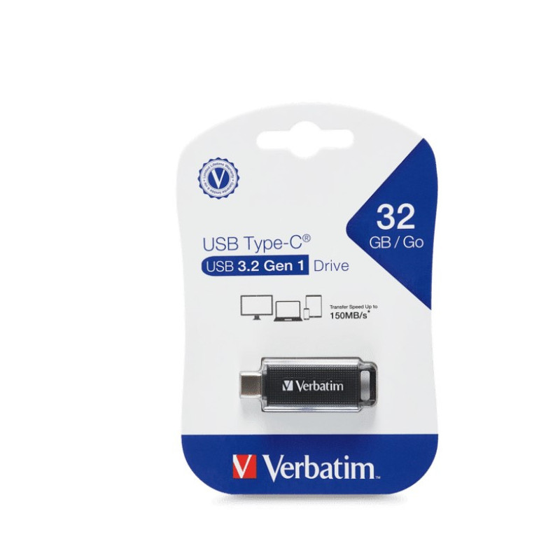 Verbatim 32GB Type-C USB 3.2 Flash Drive - Black Retail Pack 70903 Ultra Fast Transfer, Compact and Light weight design