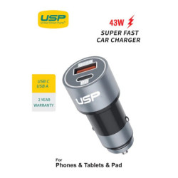 USP 43W Dual Port (USB-C 25W PD   USB-A 18W QC3.0) Fast Car Charger Silver - Dual USB Quick Charge, Inteligent Charging,Short