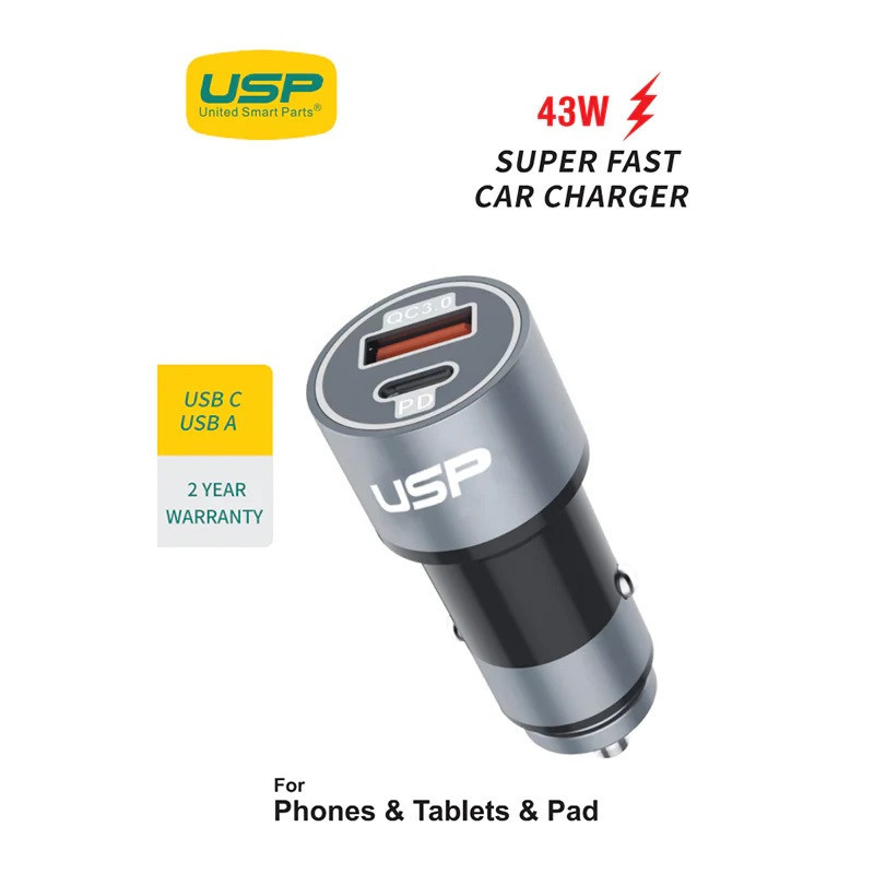 USP 43W Dual Port (USB-C 25W PD   USB-A 18W QC3.0) Fast Car Charger Silver - Dual USB Quick Charge, Inteligent Charging,Short