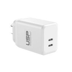 USP 45W Dual Ports USB-C PD GaN Wall Charger White - Charge Two Device Simultaneously, Smart & Reliable, Compact Design, 2 Ye