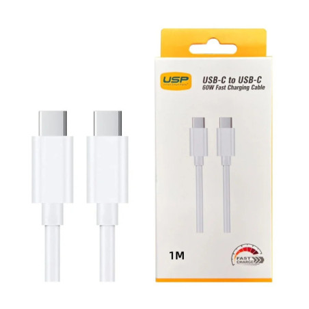 USP USB-C to USB-C 60W Mini Cable (1M) White - 3A , Fast Charge, High Performance, Samsung Galaxy,Apple iPhone,iPad,MacBook,G