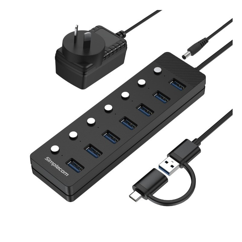 Simplecom CH375C USB-A and USB-C to 7-Port USB 3.0 Hub 5Gbps Individual Switches and Power Adapter