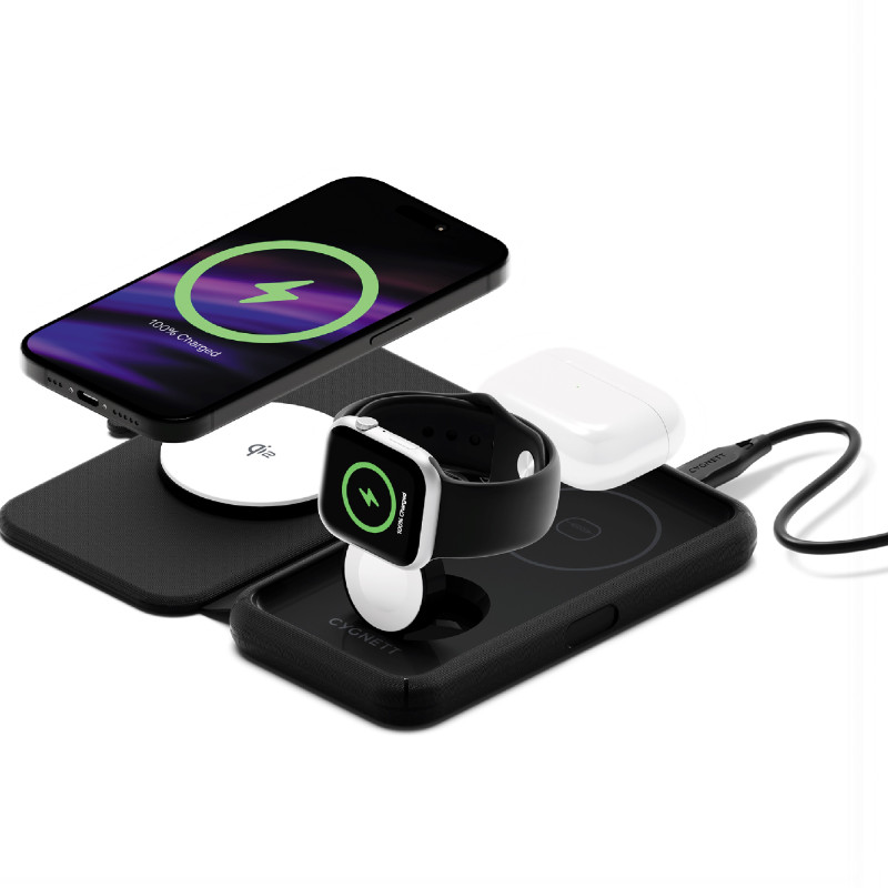 Cygnett MagTravel Qi2.0 2-in-1 Wireless Charger - Black (CY5138WIRDE), 1.2M USB-C Cable,15W, Compact and lightweight, 2 Years