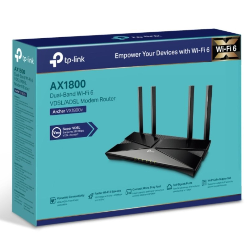 TP-Link Archer VX1800v AX1800 Dual-Band Wi-Fi 6 VDSL Modem Router With VoIP,  574 Mbps at 2.4 GHz   1201 Mbps at 5 GHz