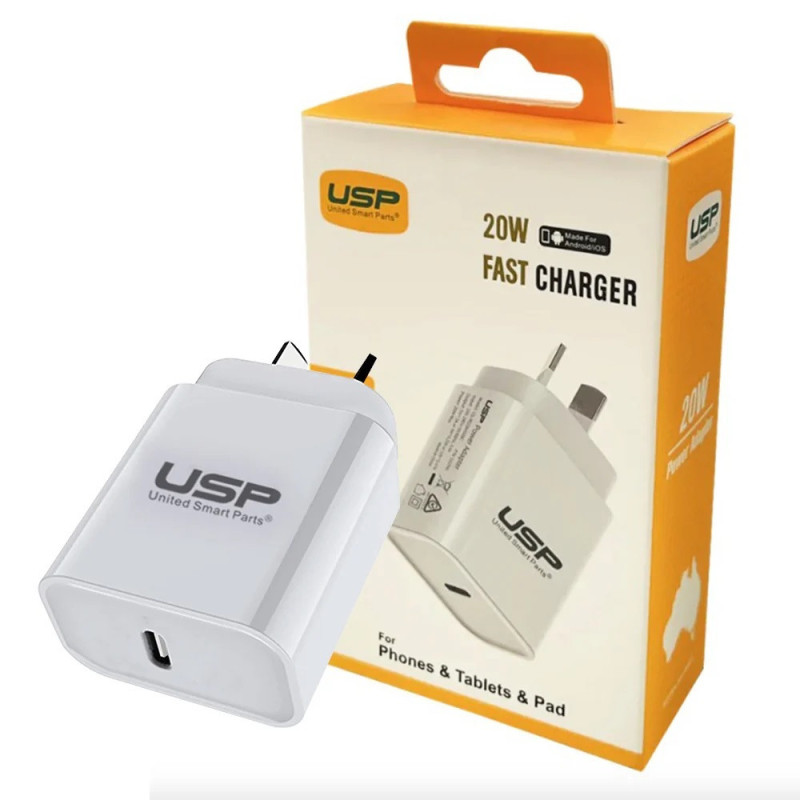 USP 20W USB-C PD Fast Wall Charger - White, Fast Charging, Safety Certified, Universally Compatible, Lightweight and Portable