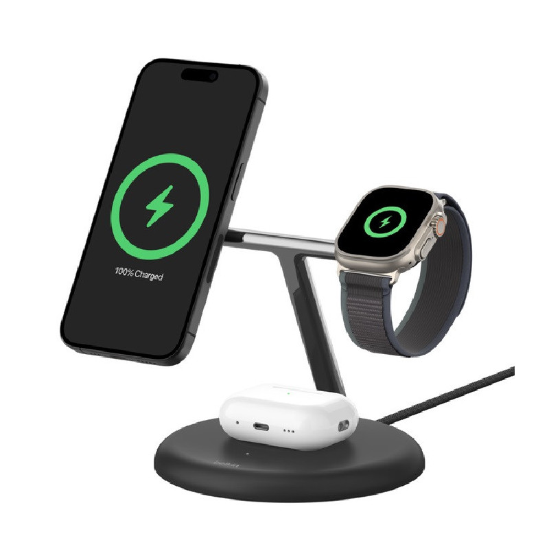 Belkin BoostCharge Pro 3-in-1 Magnetic Qi2 Wireless Charging Stand   36W Wall Charger   USB-C Cable - Black(WIZ023AUBK),15W,C