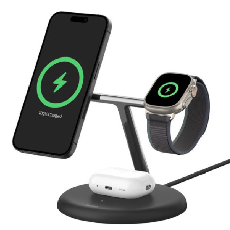 Belkin BoostCharge Pro 3-in-1 Magnetic Qi2 Wireless Charging Stand   36W Wall Charger   USB-C Cable - Black(WIZ023AUBK),15W,C