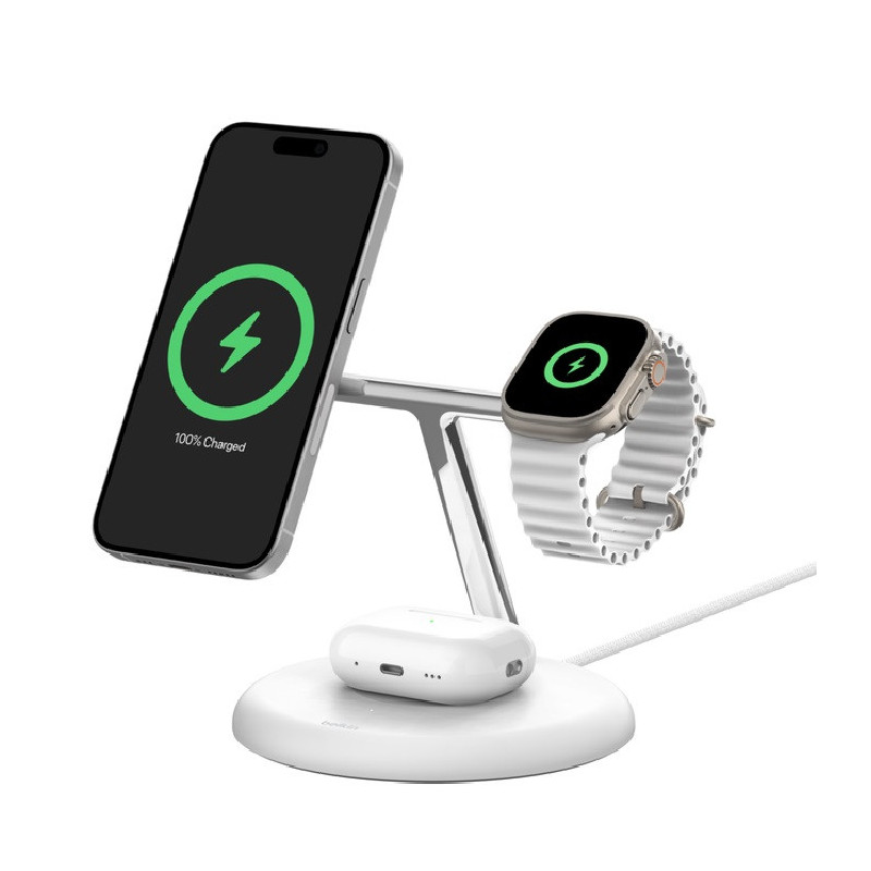 Belkin BoostCharge Pro 3-in-1 Magnetic Qi2 Wireless Charging Stand   36W Wall Charger   USB-C Cable - White(WIZ023AUWH),15W,C