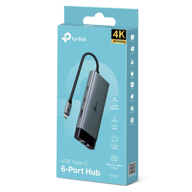 TP-Link UH6120C USB Type-C 6-Port Hub,4K@60Hz HDMI, 1 Gbps ethernet, 100W Power Delivery, 1× USB-C Data Ports, 2× USB-A Dat