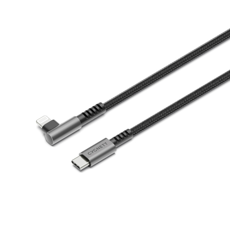 Cygnett Unite Right-Angle Lightning to USB C Cable (1M) - Black (CY5102PCCCL), 30W, Double Braided, 480Mbps Transfer, Fast Ch