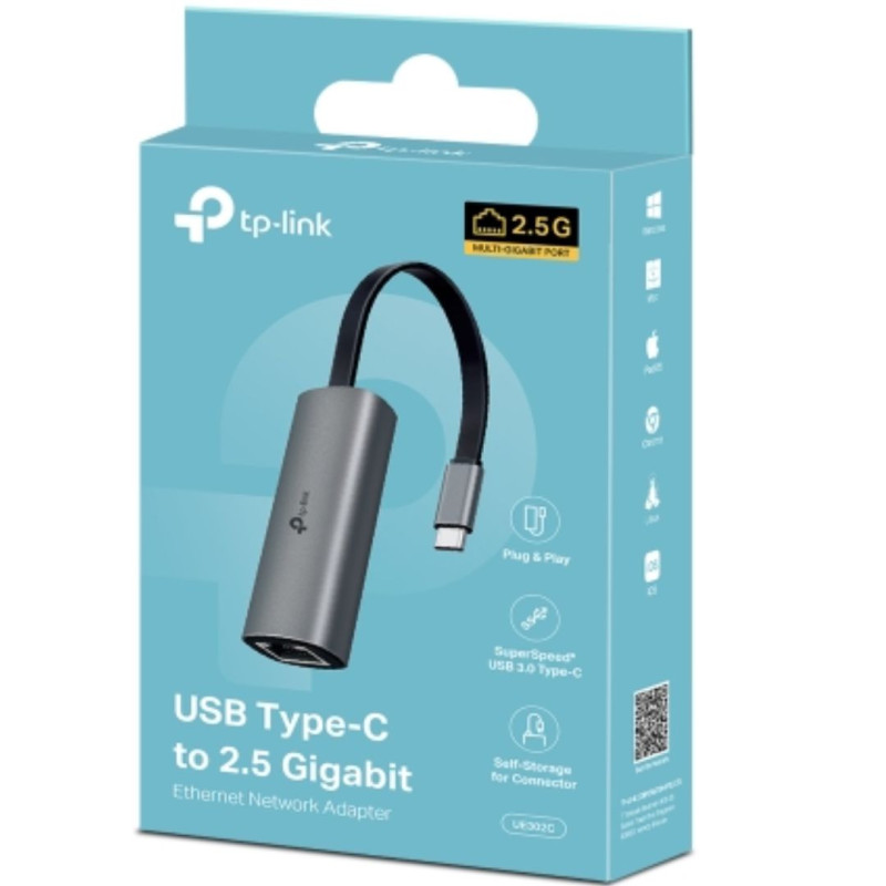 TP-Link UE302C USB Type-C to 2.5 Gigabit Ethernet Network Adapter, 1 USB 3.0 Type-C Connector, 1×2.5 Gigabit Ethernet Port, 