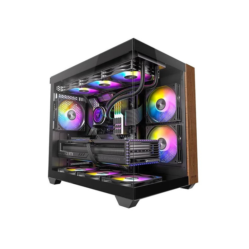 OKINOS M6 ARGB ATX Genuine Walnut Wood, Panoramic View, Type-C, 4 x120mm ARGB & PWM Fans included,Tempered Glass Side Panel, 
