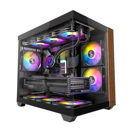 OKINOS M6 ARGB ATX Genuine Walnut Wood, Panoramic View, Type-C, 4 x120mm ARGB & PWM Fans included,Tempered Glass Side Panel, 