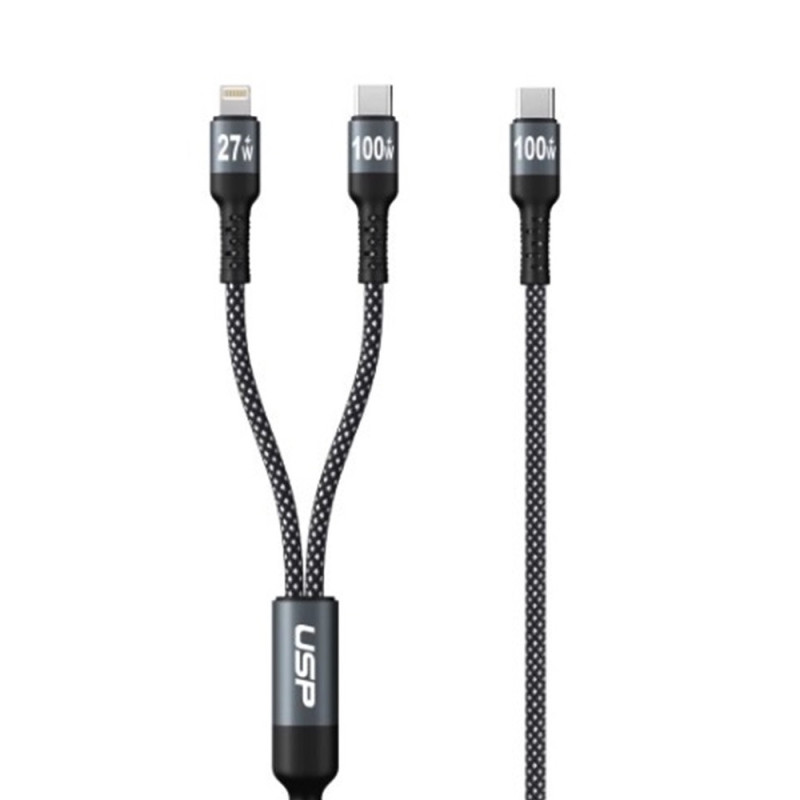 USP Braided 2-in-1 USB-C to Lighting (27W)   USB-C (100W) Super Fast Charging Cable (1.2M) Black - High Speed Charging, 2 Yea