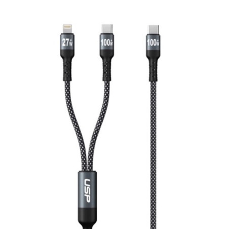 USP Braided 2-in-1 USB-C to Lighting (27W)   USB-C (100W) Super Fast Charging Cable (1.2M) Black - High Speed Charging, 2 Yea