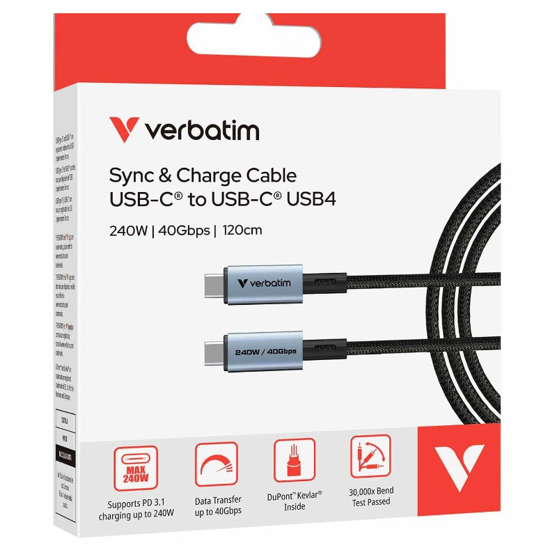 Verbatim Sync & Charge USB C to USB C 240W 40 Gbps120 cm