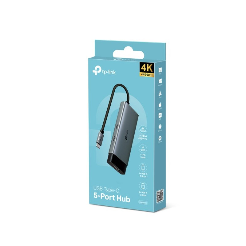 TP-Link UH5020C USB Type-C 5 in 1 Hub, 4K@60Hz HDMI, 100W Power Delivery, 1× USB-C Data Port, 2× USB-A Data Ports.
