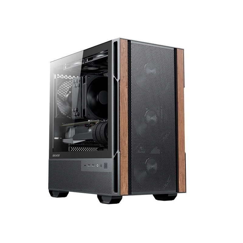OKINOS Cypress 3 Genuine Walnut Wood MicroATX  with 4×120mm, USB-C, 3 Pin Non-PWM Case Fans Pre-Installed,Temper Glass Side 