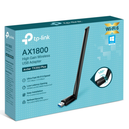 TP-Link Archer TX35U Plus AX1800 High Gain Wireless USB Adapter, 1201 Mbps at 5 GHz   574 Mbps at 2.4 GHz, 1× High Gain Exte