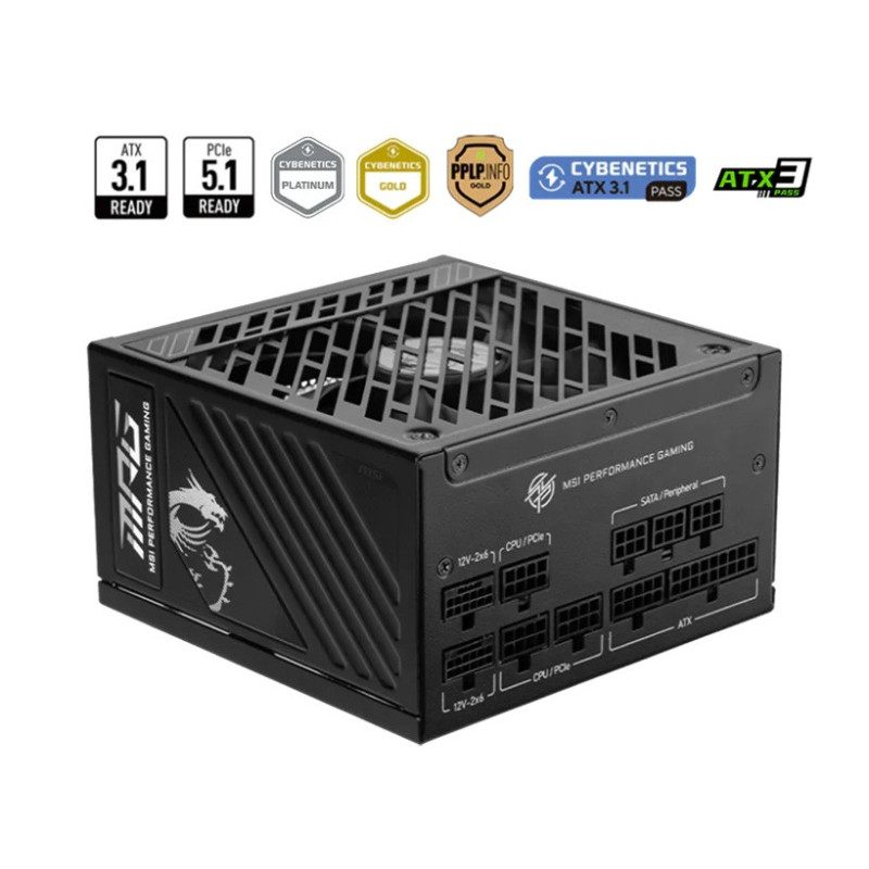 MSI MAG A1250GS PCIE5 ATX Power Supply Unit, 80 PLUS Gold, Fully modular flat cables, 0 RPM Mode, Active PFC design