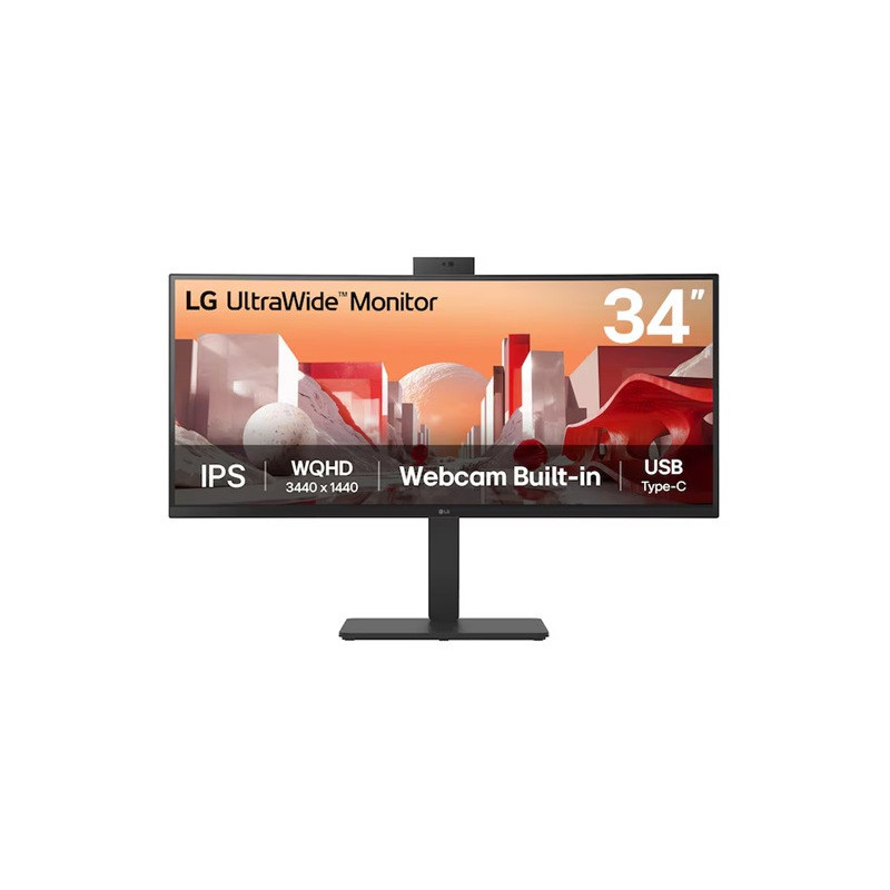 LG 34' UltraWide QHD Curved IPS Monitor with 3440x1440 resolution, sRGB 99%, HDR10, USB-C PD 90W, FHD webcam, mic, speakers &